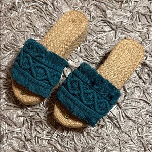 Braided Fringe Slide Sandals in Teal